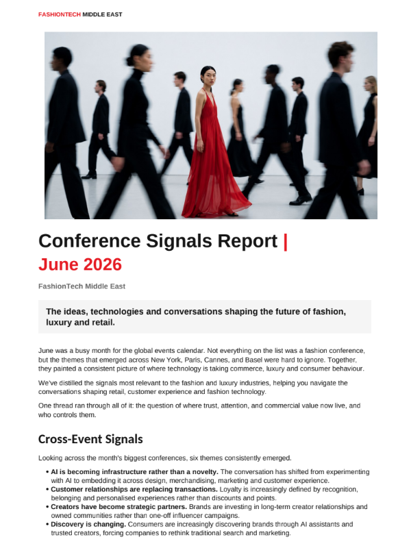 FashionTech Middle East Conference Signals Report June 2026 cover featuring a woman in a red dress walking among blurred people in black clothing