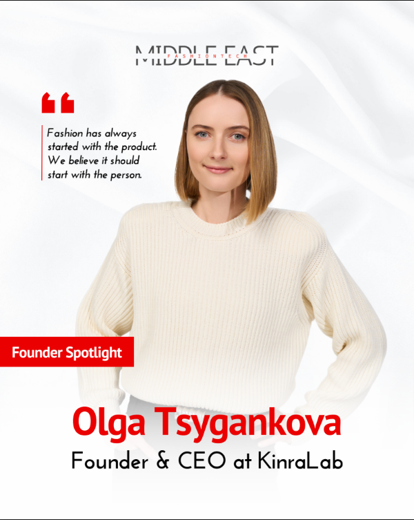 Founder spotlight graphic featuring Olga Tsygankova, Founder and CEO of KinraLab, with a fashion quote and portrait.