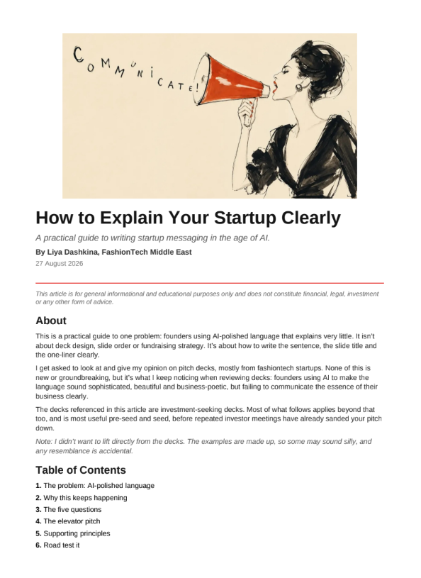 Article page titled “How to Explain Your Startup Clearly,” featuring an illustration of a woman speaking through a red megaphone and a table of contents about clear AI-era startup messaging.