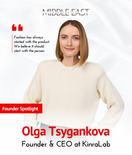 Founder Spotlight featuring Olga Tsygankova, Founder and CEO of KinraLab, wearing a cream sweater