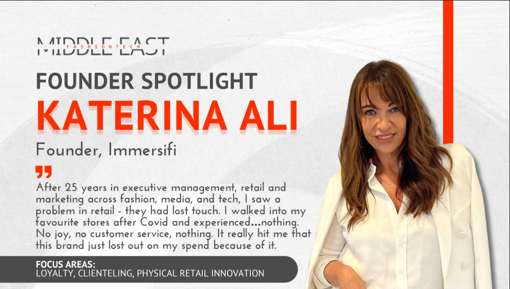 Founder Spotlight graphic featuring Katerina Ali, founder of Immersifi, with her portrait and quote about retail customer experience.