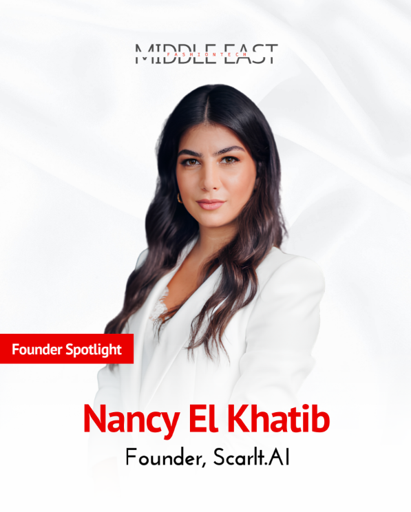 Founder Spotlight featuring Nancy El Khatib, founder of Scarlit.AI, wearing a white blazer.