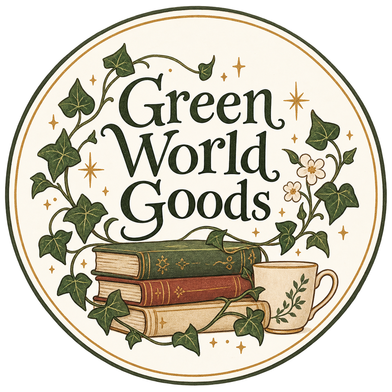 Decorative round sign with the text "Green World Goods," surrounded by ivy and stars, featuring a stack of three vintage books and a white mug with green leaf design.