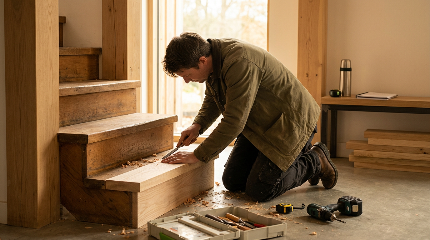 Hombre trabajando en la carpintería, cortando una pieza de madera en las escaleras de madera en una habitación con luz natural.