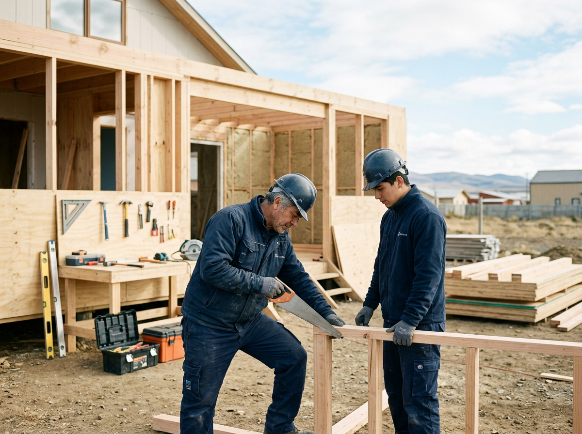 Dos constructores trabajando en un sitio de construcción con estructura de madera y herramientas.