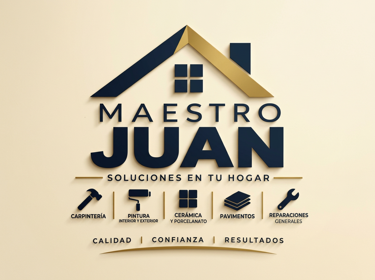 Logotipo de Maestro Juan con símbolos de carpintería, pintura, cerámica, pavimentos y reparaciones, con lema de calidad, confianza y resultados.