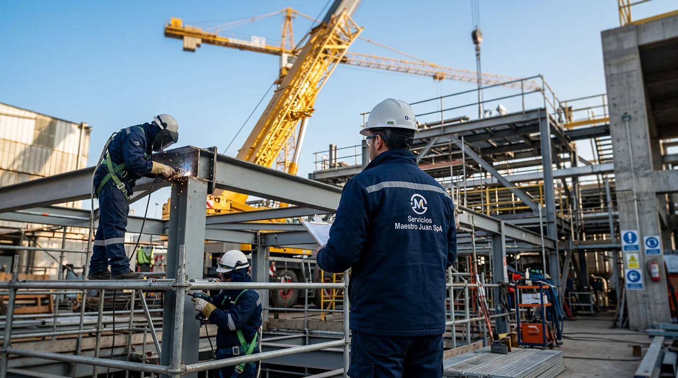 Trabajadores con cascos y equipo de seguridad instalando estructuras metálicas en una obra industrial, con grúas al fondo.