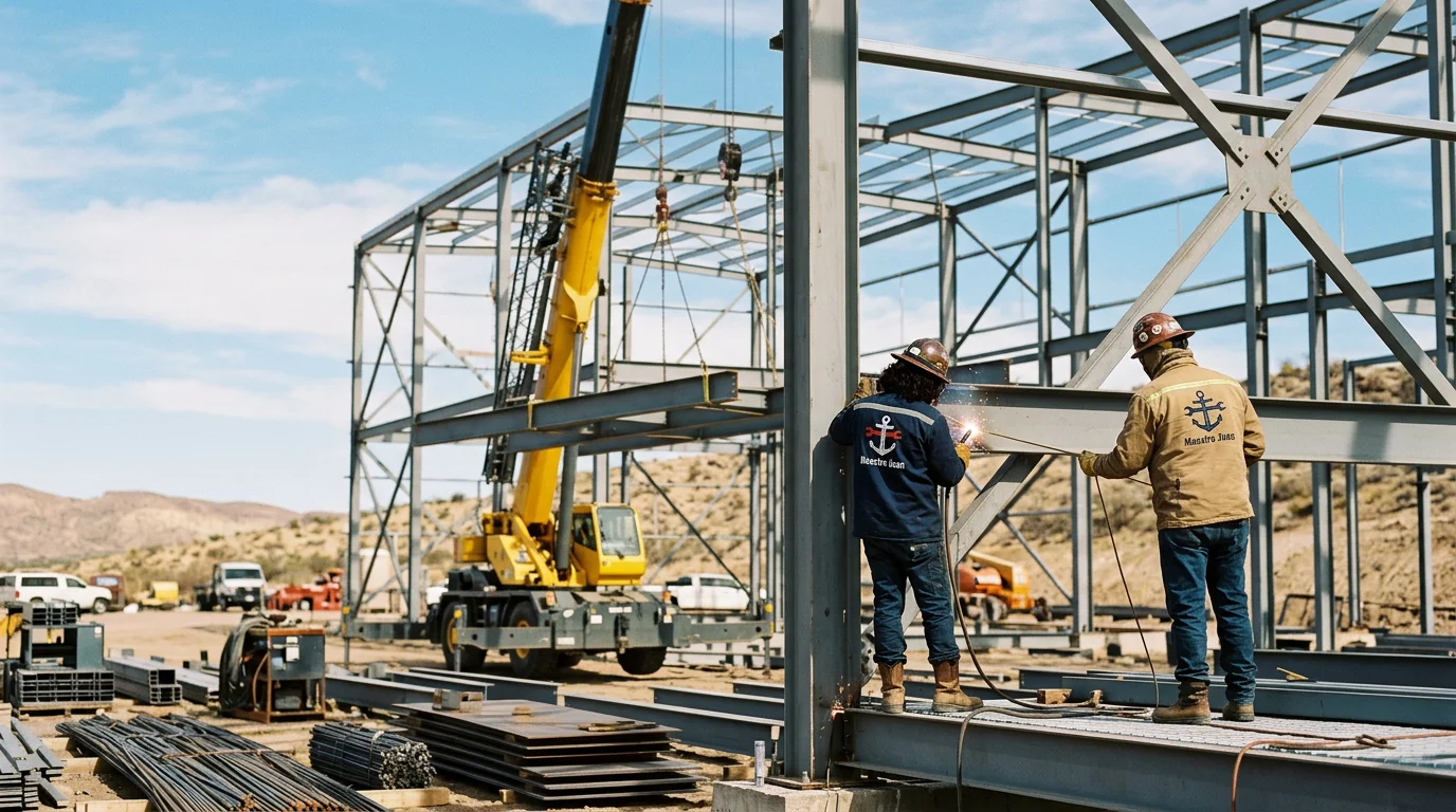 Trabajadores construyen una estructura de acero con grúa en una obra industrial al aire libre.