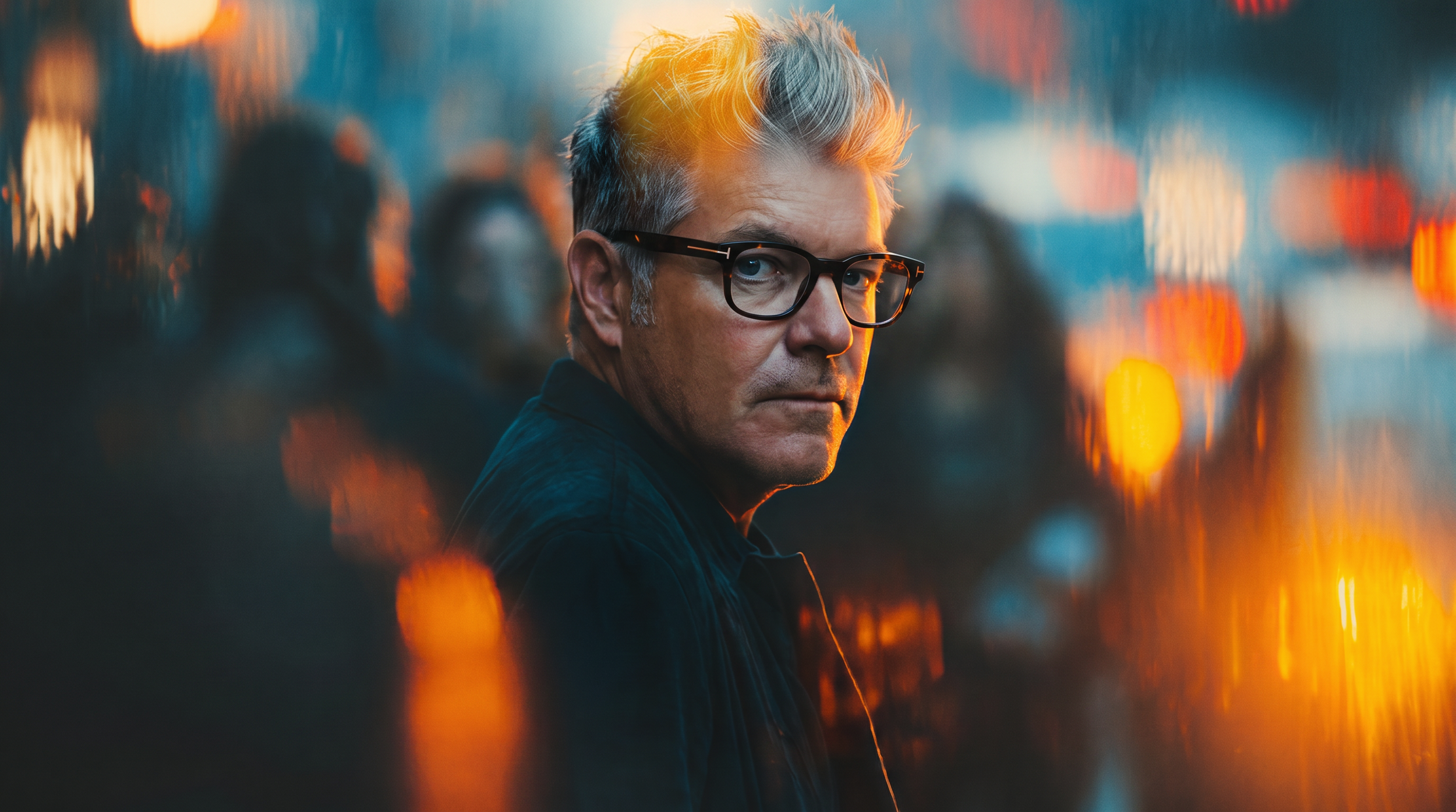 A middle-aged man with grayish hair and glasses looking back over his shoulder on a city street at dusk, with blurred colorful city lights in the background.