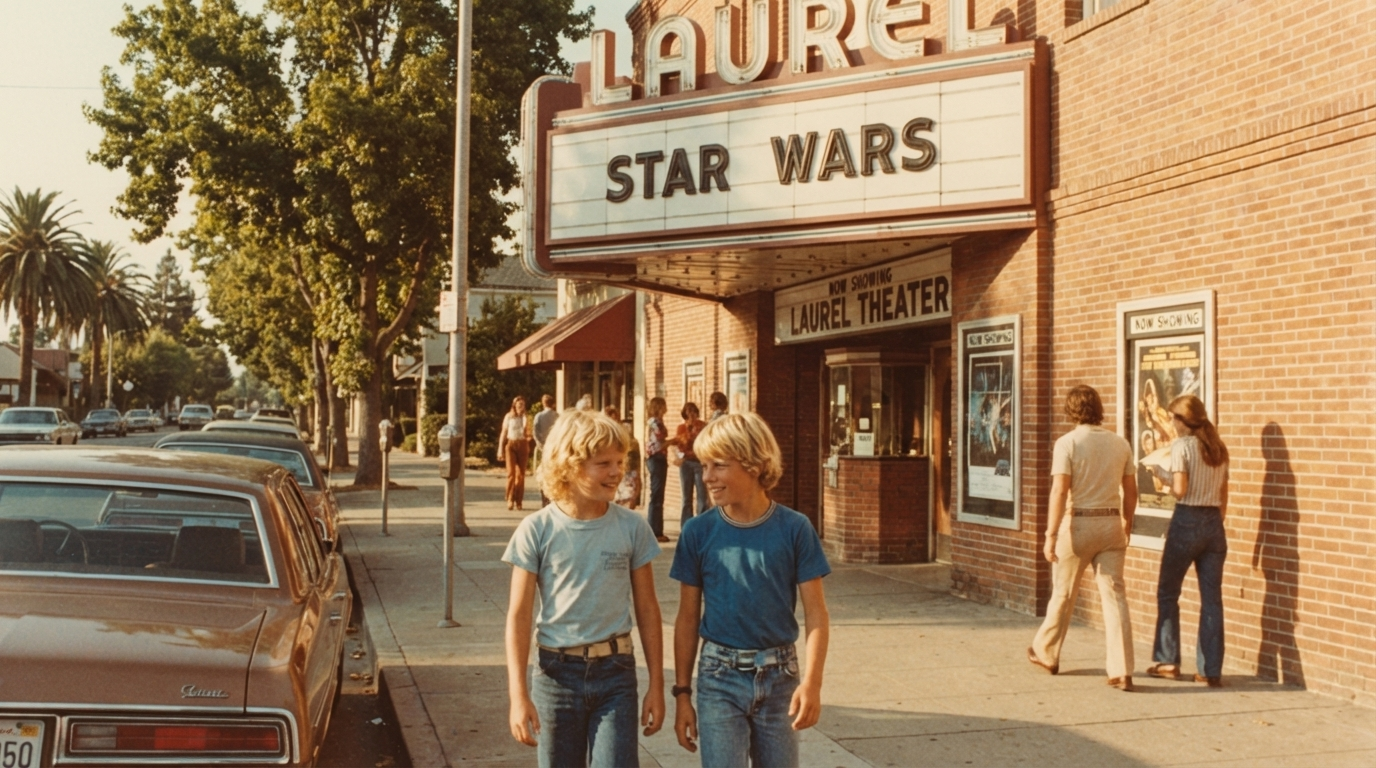 Two children with blonde hair and blue shirts walking and talking on a sidewalk in front of a movie theater, which has a marquee sign reading "Star Wars". There are a few adults near the theater entrance, and cars parked along the street. The scene appears to be from the late 20th century.
