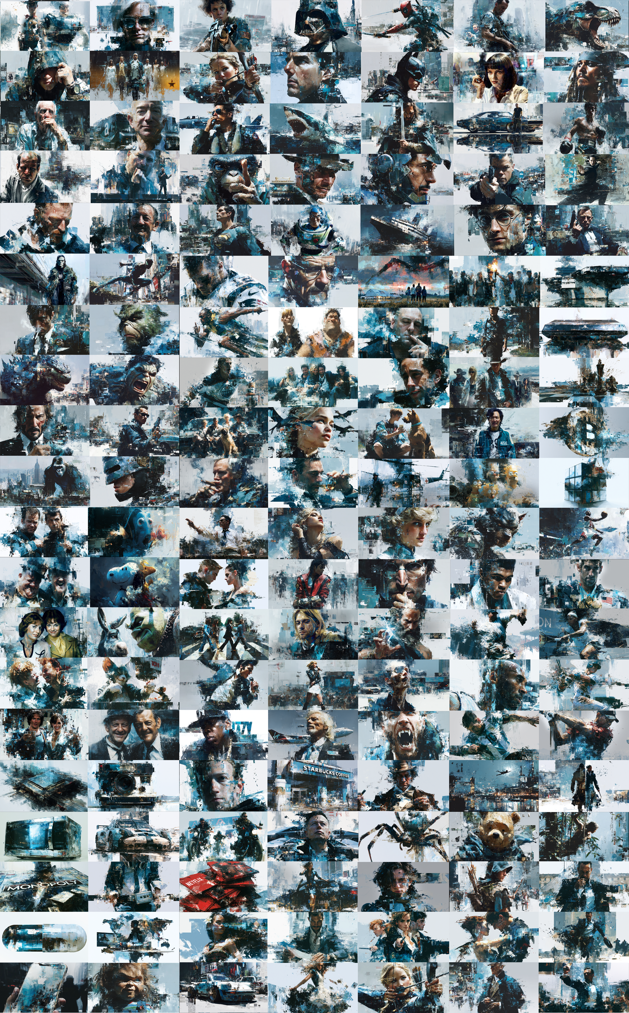 Collage of numerous scenes from movies and TV shows, including characters, action sequences, vehicles, and iconic objects, with a digital, painterly effect.