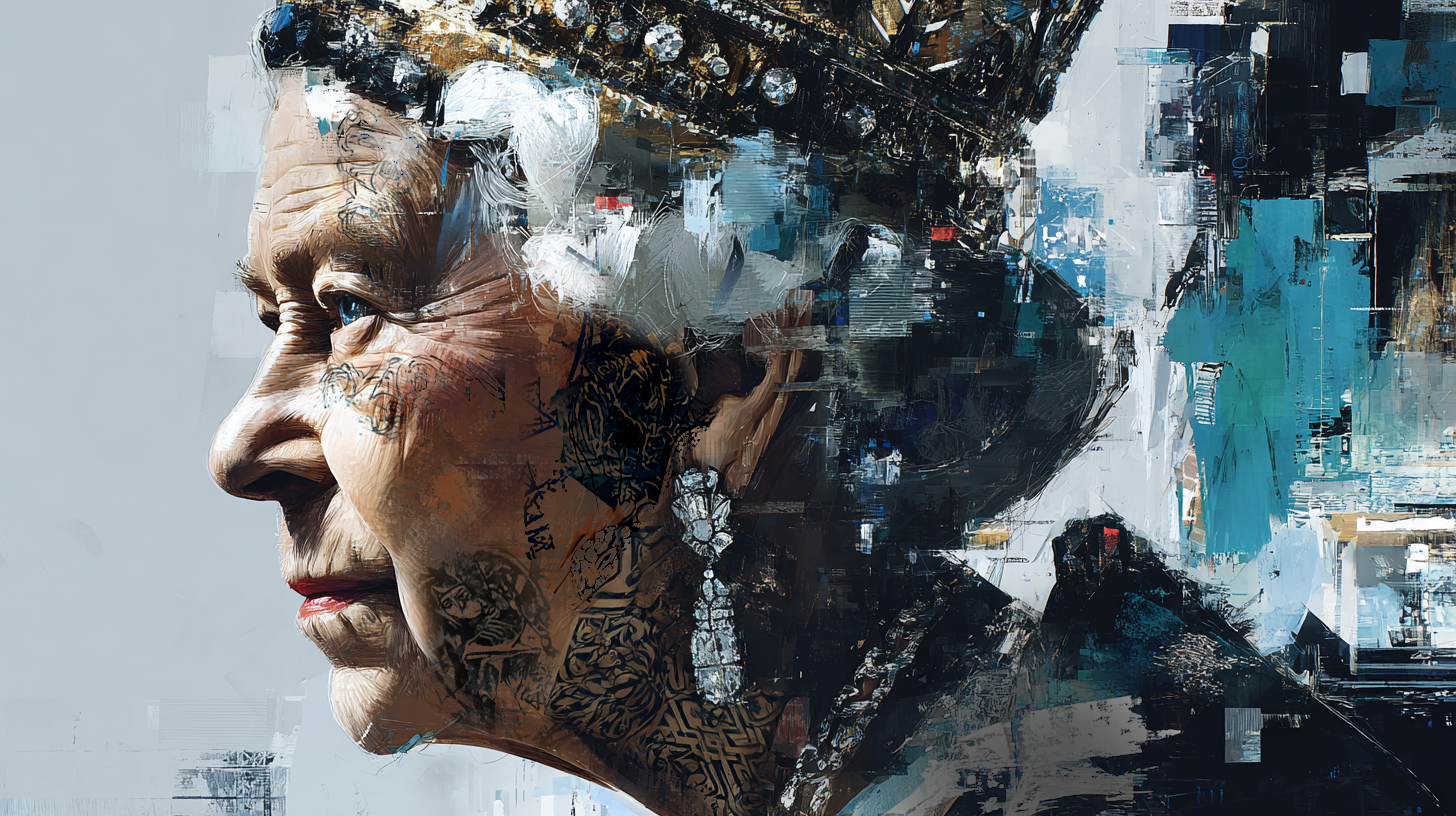 A digital painting of an elderly woman in profile with detailed facial features and tattoos, set against an abstract cityscape background with shades of blue, white, and black.