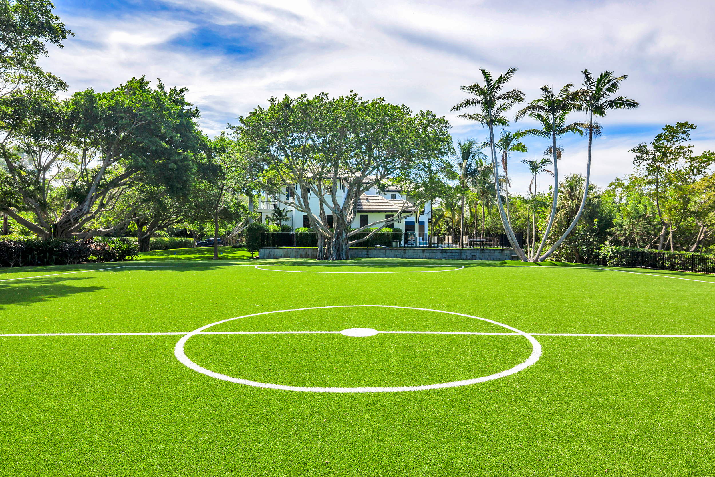 A soccer field with bright green artificial turf and white lines, surrounded by trees including large leafy trees and tall palm trees, with a house visible in the background under a partly cloudy sky.