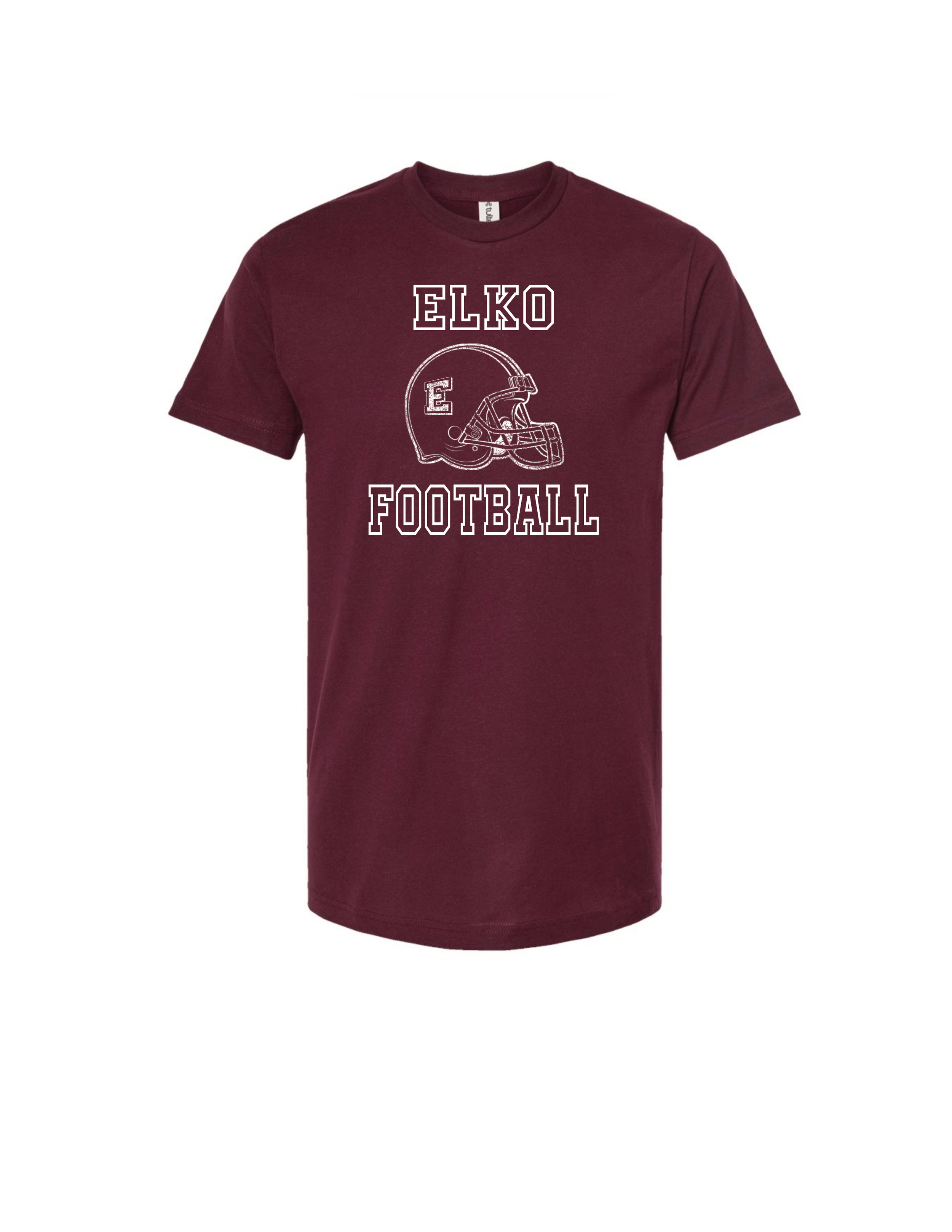 Maroon T-shirt with white football helmet graphic and the words 'ELKO FOOTBALL' printed on front.