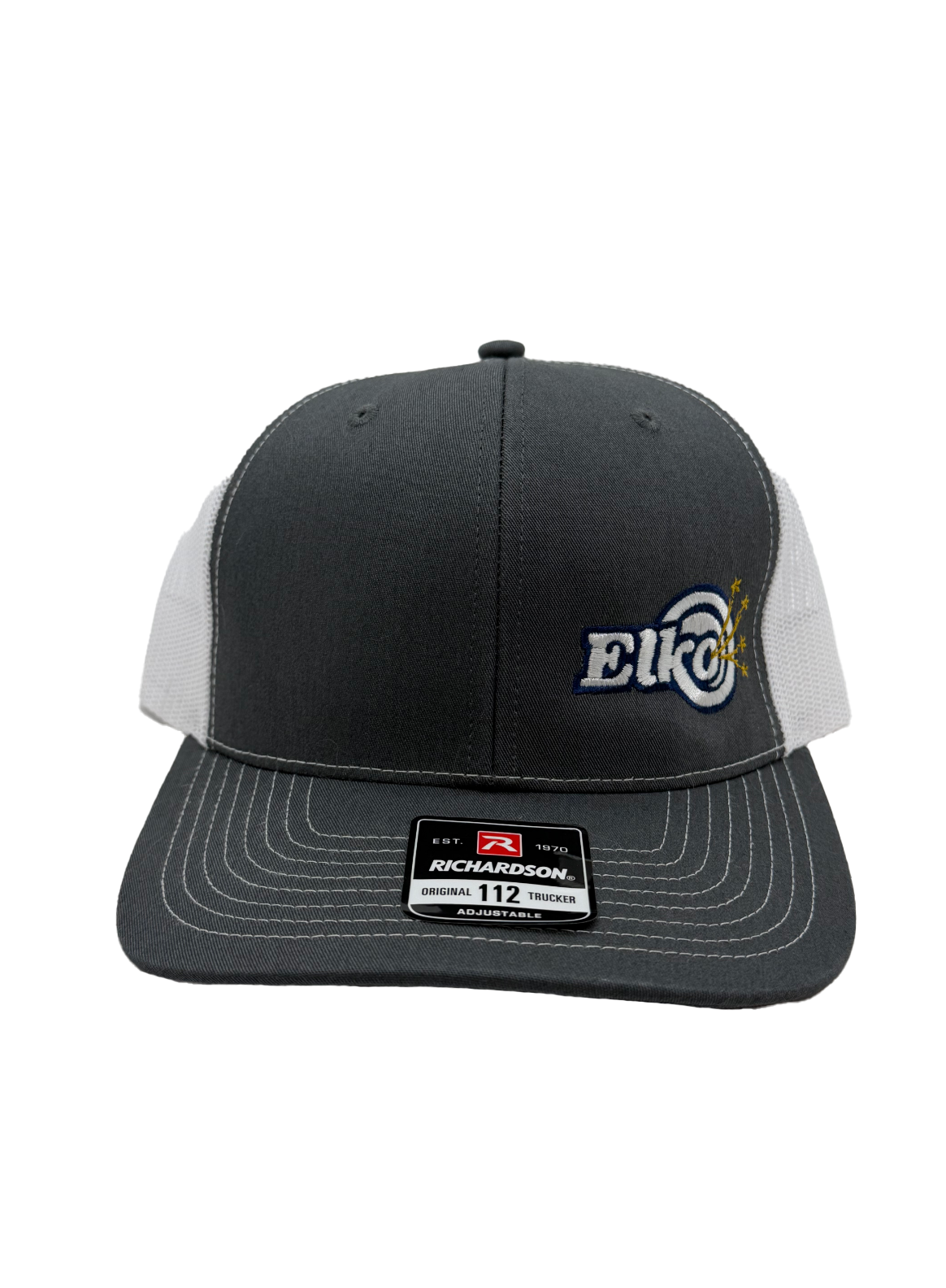 Gray and white trucker cap with embroidered ELKO logo on front, Richardson brand sticker on brim, and mesh back.