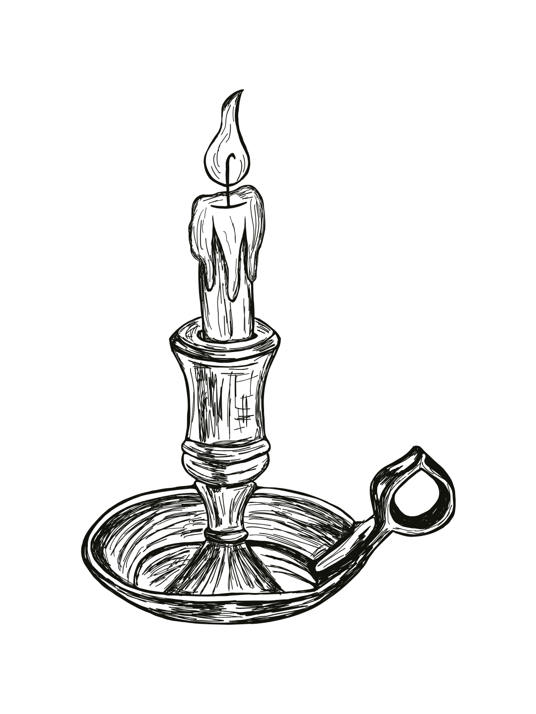 A hand-drawn illustration of a lit candle in a candlestick holder, placed on a round tray or plate with a handle.