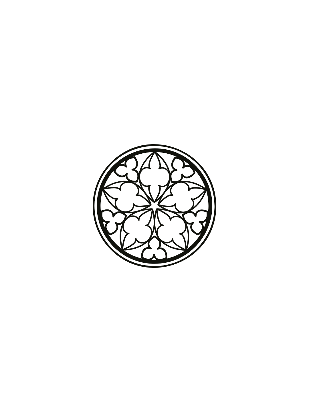 Dark background with a central intricate circular design resembling a gothic rose window or stained glass pattern.