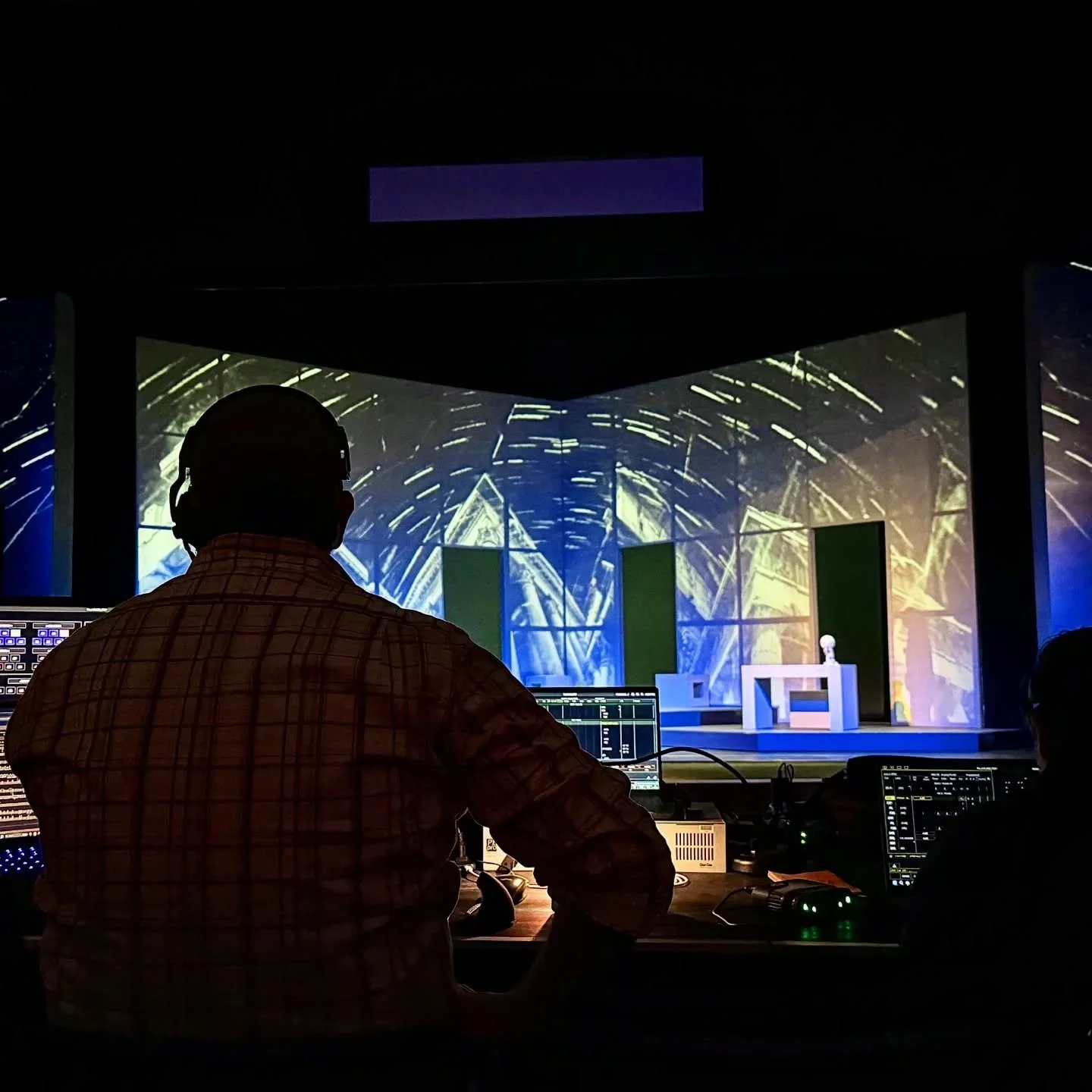 @rochelemacdesign caught a pic of me at the tech table...deep in thought wondering when the next snack break is. Her and I took on a last minute gig at Manhattan School of Music designing Lighting and Projections. It's going to be a good show! #opera