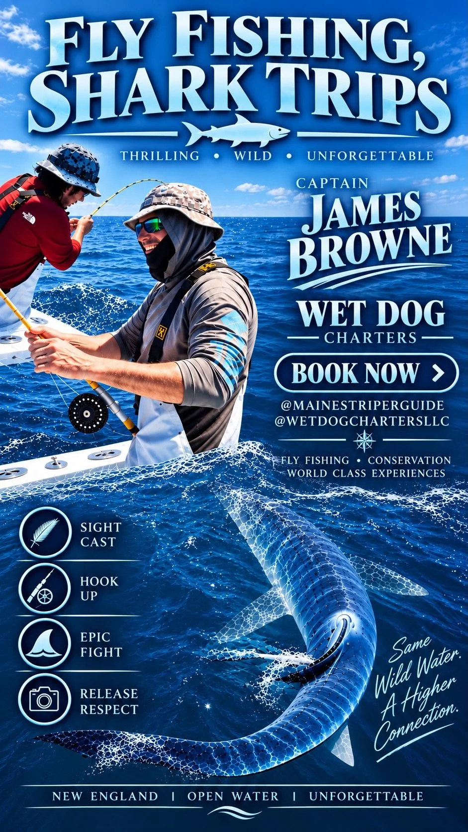 Fly fishing and shark trips advertisement with images of a person fly fishing and a large shark in the ocean.
