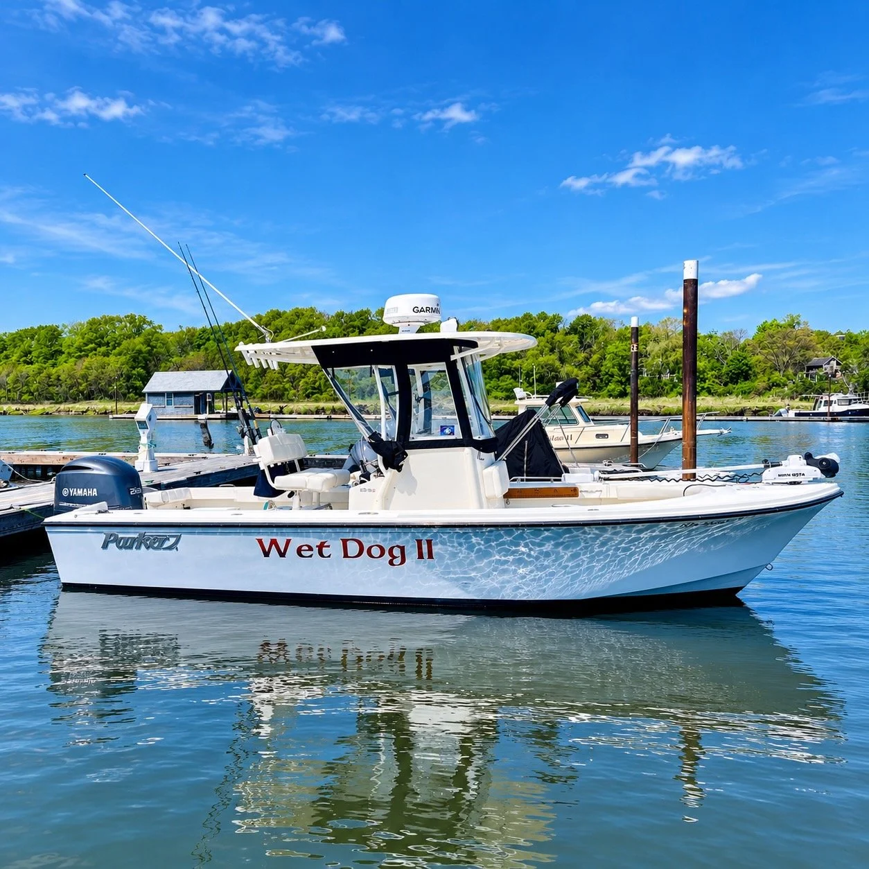 A white Parker boat named Wet Dog II with a Yamaha motor docked on a calm body of water, with a shoreline covered in green trees and a clear blue sky in the background.