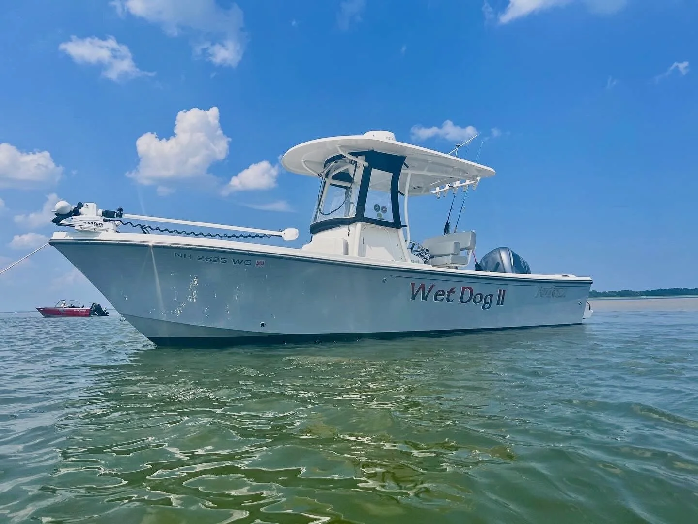 A white boat named 'Wet Dog II' floating on calm water with a blue sky and a few clouds in the background.