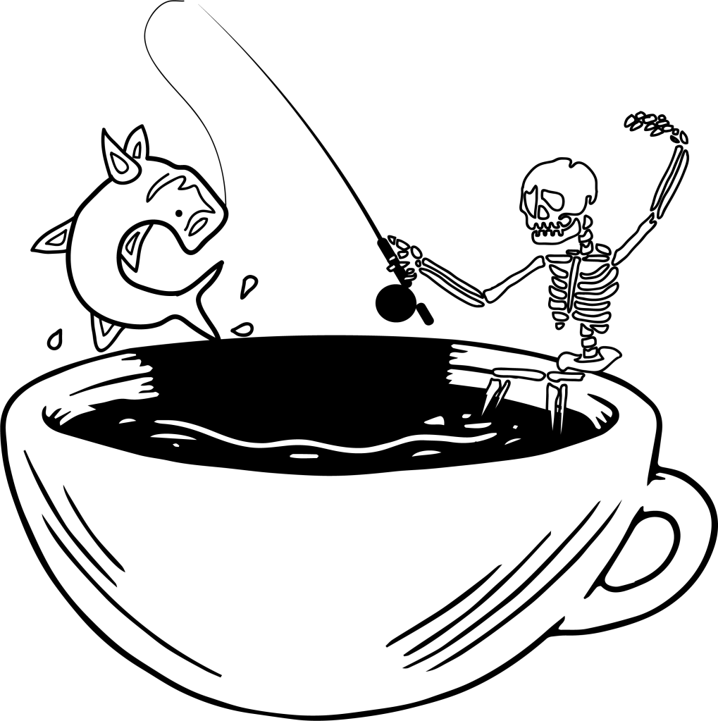 A cartoon skeleton fishing a fish out of a large coffee cup, with the fish jumping out of the cup.