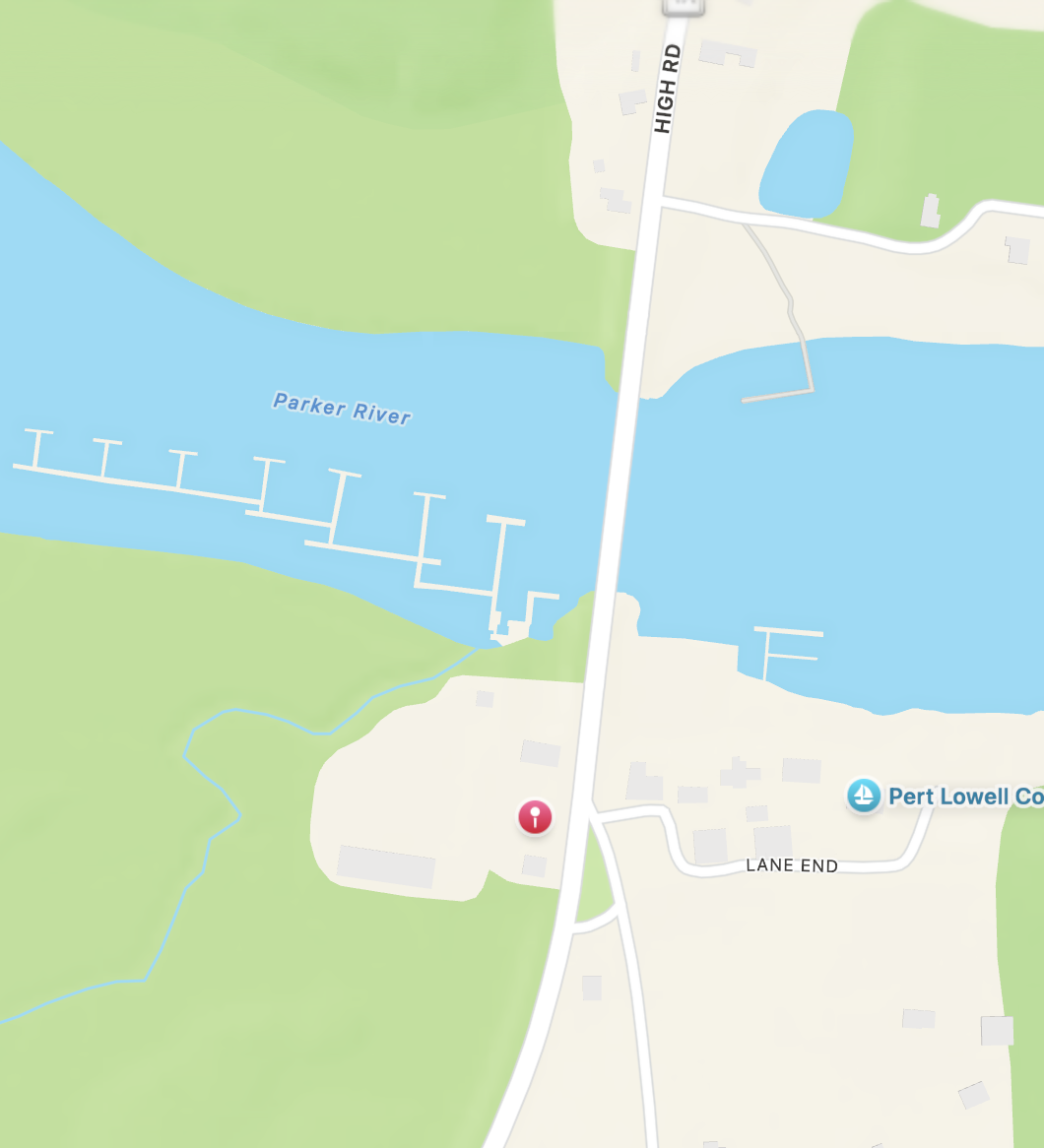 Map showing Parker River, a boat launch, a recreational area, and nearby streets including High Road and Lane End.
