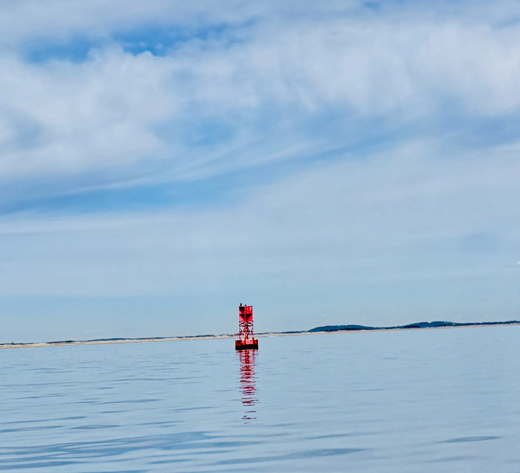 A red navigation buoy floating on calm water with a distant landmass under a partly cloudy sky.