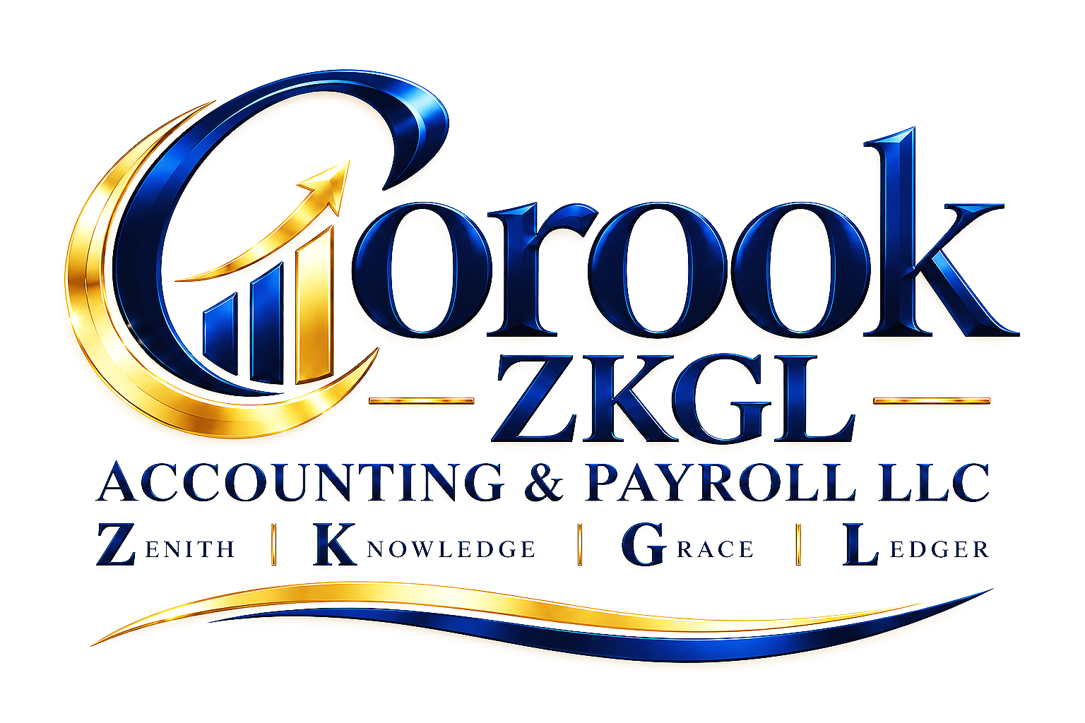 Logo for Crook-ZKL Accounting & Payroll LLC with a gold and blue circular emblem featuring a bar chart and arrow, and the company's name and motto.