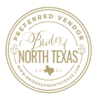 Seal for North Texas wedding event, 2021, with gold border and text 'Preferred Vendor,' 'Bride,' and 'North Texas'.
