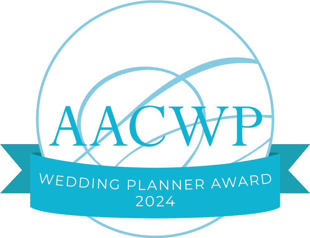 A logo for the AACWP Wedding Planner Award 2024 featuring a globe with interconnected lines and a blue ribbon with the text.