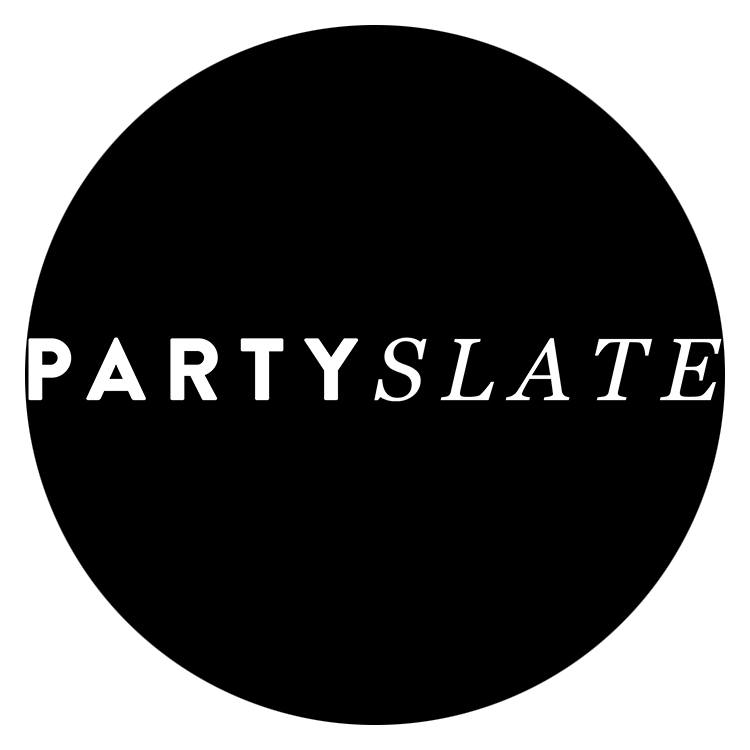 Black background with white text reading 'PARTY SLATE' in bold and italic fonts.