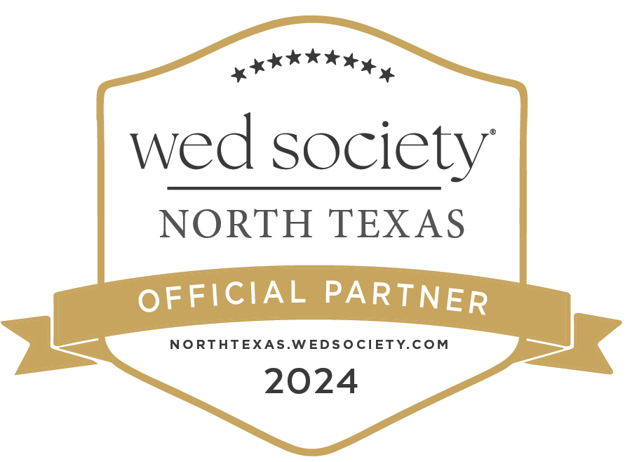 A badge with the text "WED society North Texas Official Partner 2024" and a website URL "NORTHTEXAS.WEDSOCIETY.COM". The badge has a black, gold, and white color scheme.