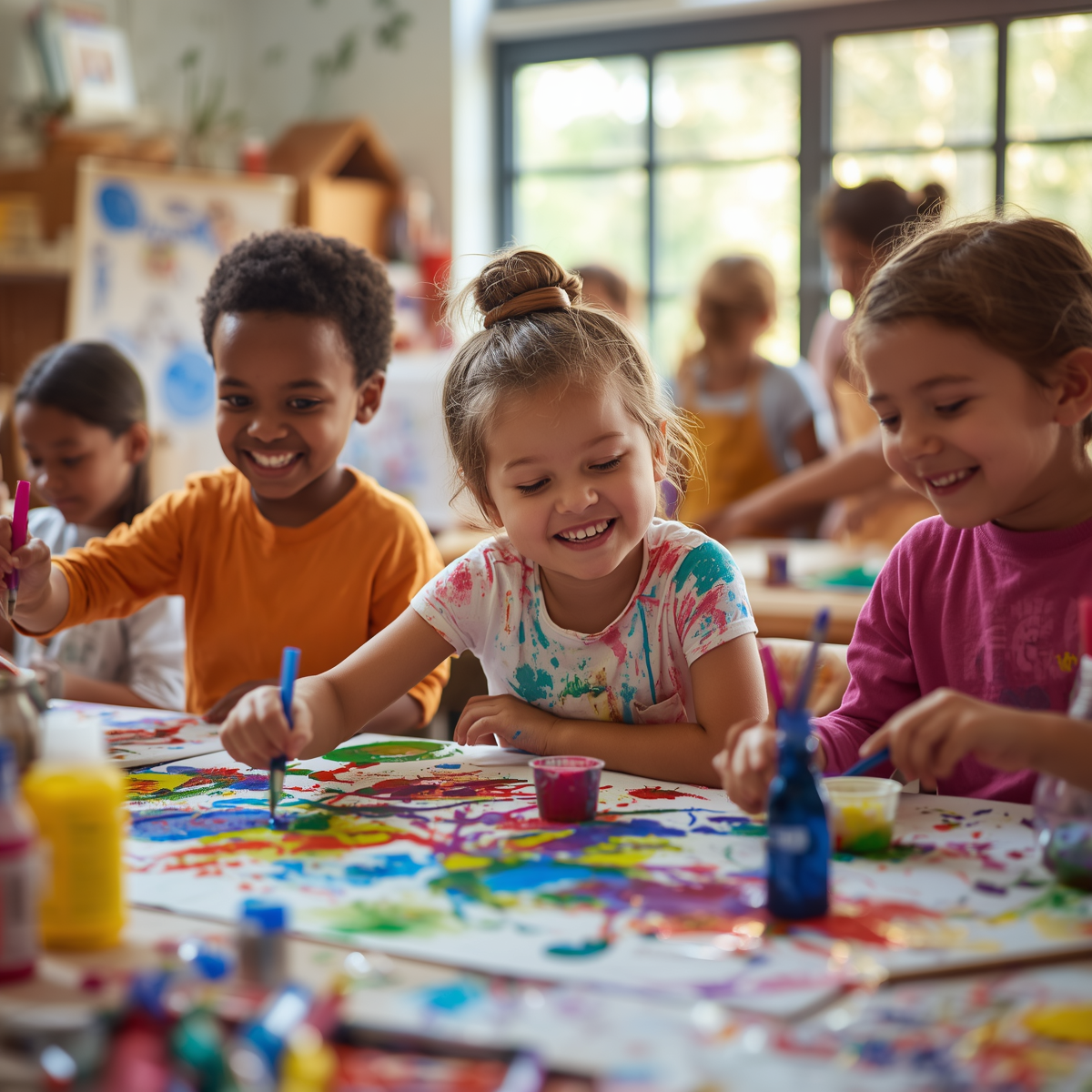 Children smiling and painting together at a classroom table with colorful paints and paper.