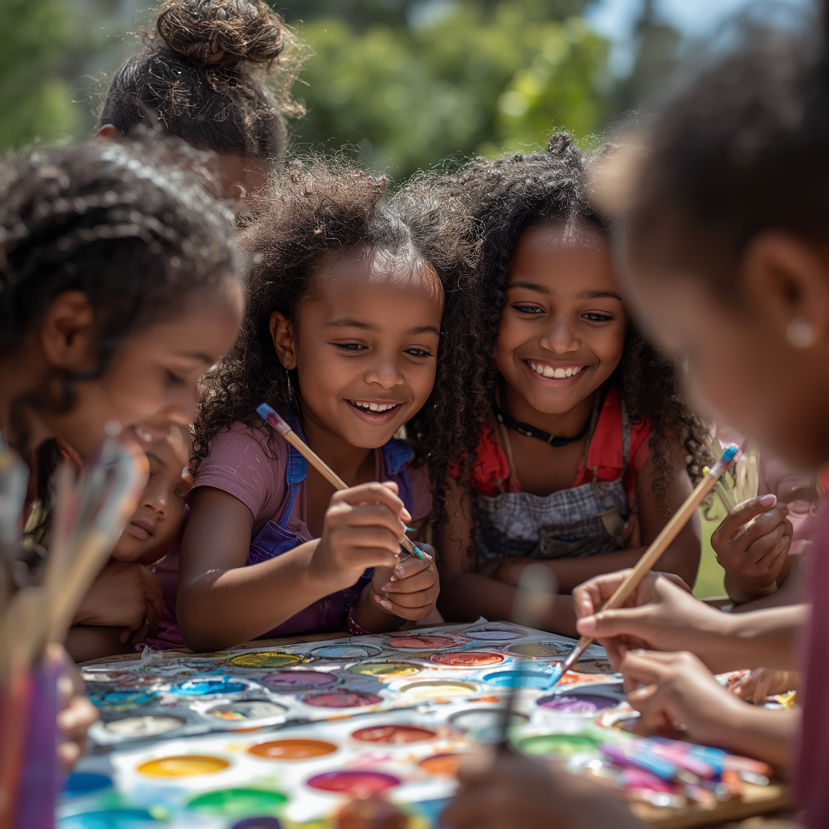 A group of children outdoors painting with watercolors, smiling and enjoying their artistic activity.