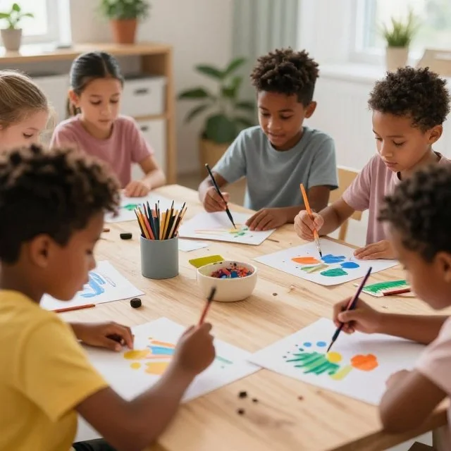 Children sitting around a table, painting with colorful paints and brushes, in a bright room with large windows.