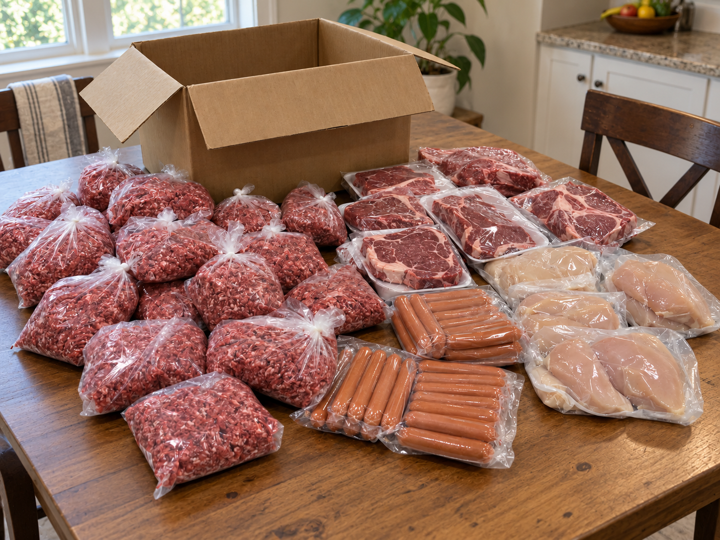 Table with vacuum-packed meats, including ground beef, steaks, chicken breasts, and hot dogs, along with an open cardboard box.