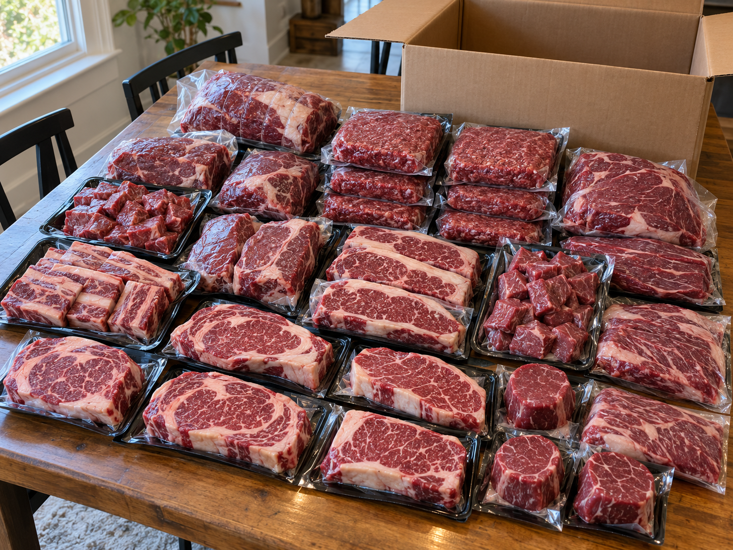 Assorted cuts of raw beef, including steaks and cubed meats, laid out on black trays on a wooden dining table with a large open cardboard box nearby.