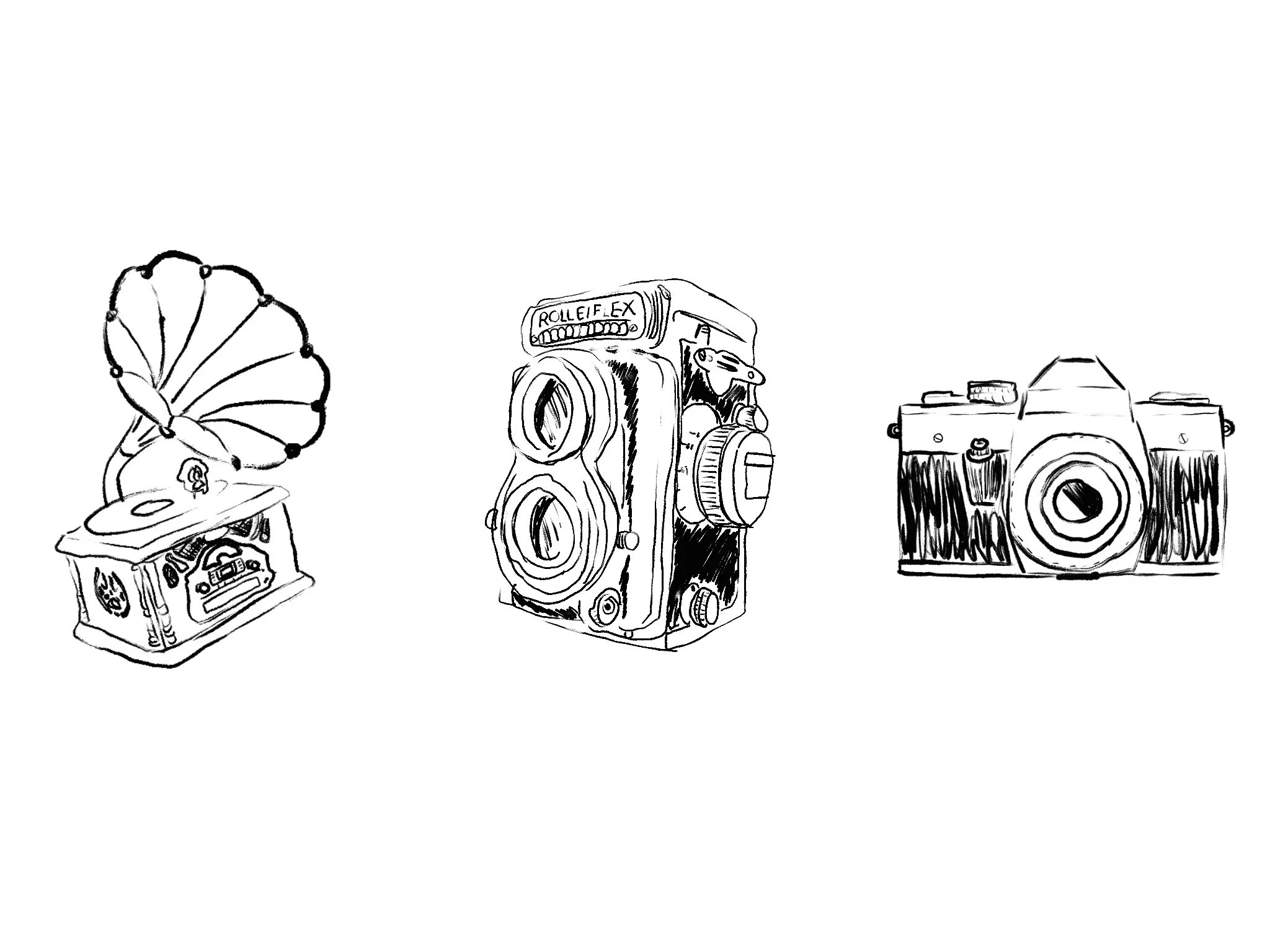 Black and white illustration of vintage camera, phonograph, and radio.