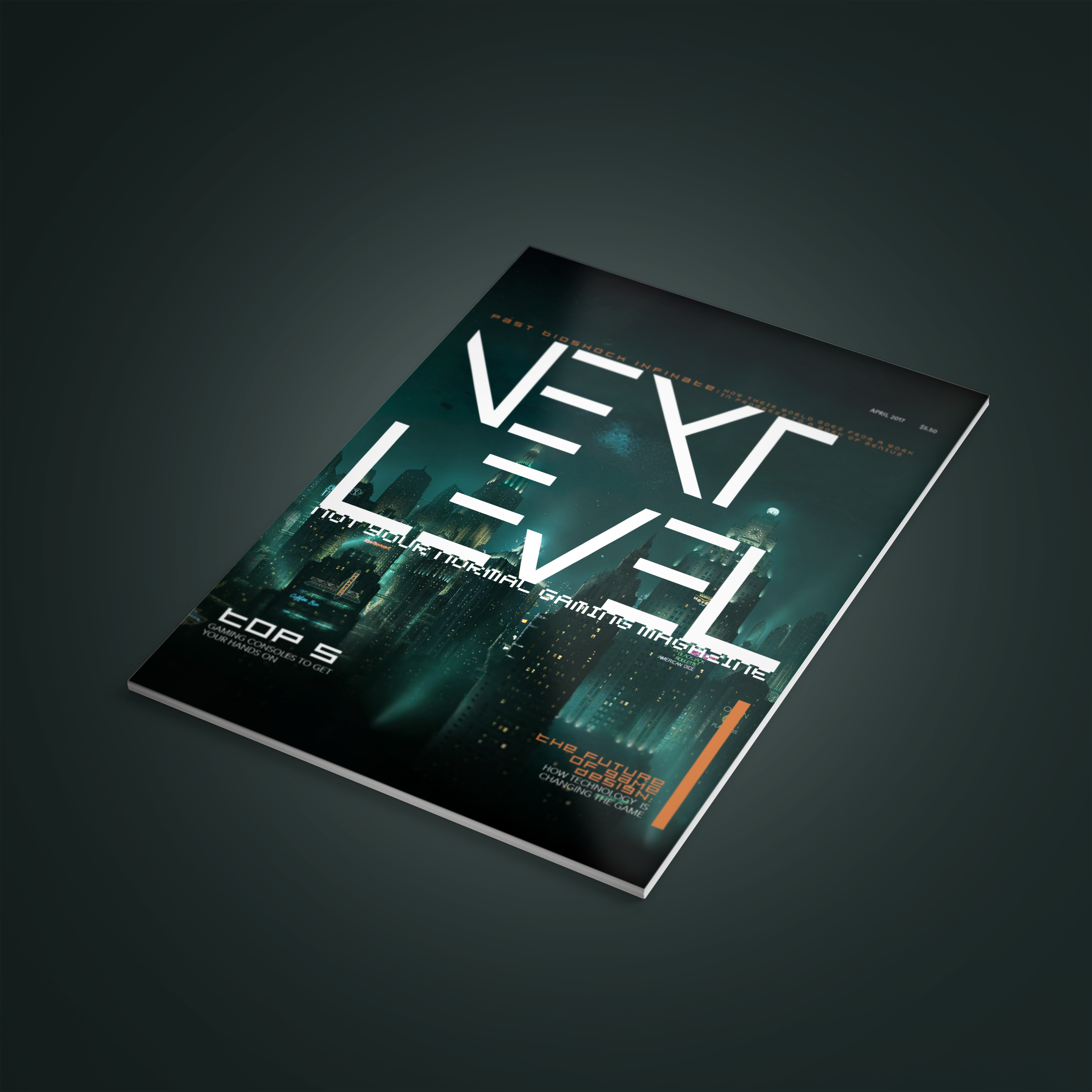 Magazine cover titled 'Next Level,' showing a city skyline at night with neon lights and skyscrapers, and text highlighting the latest technology and gaming industry trends.
