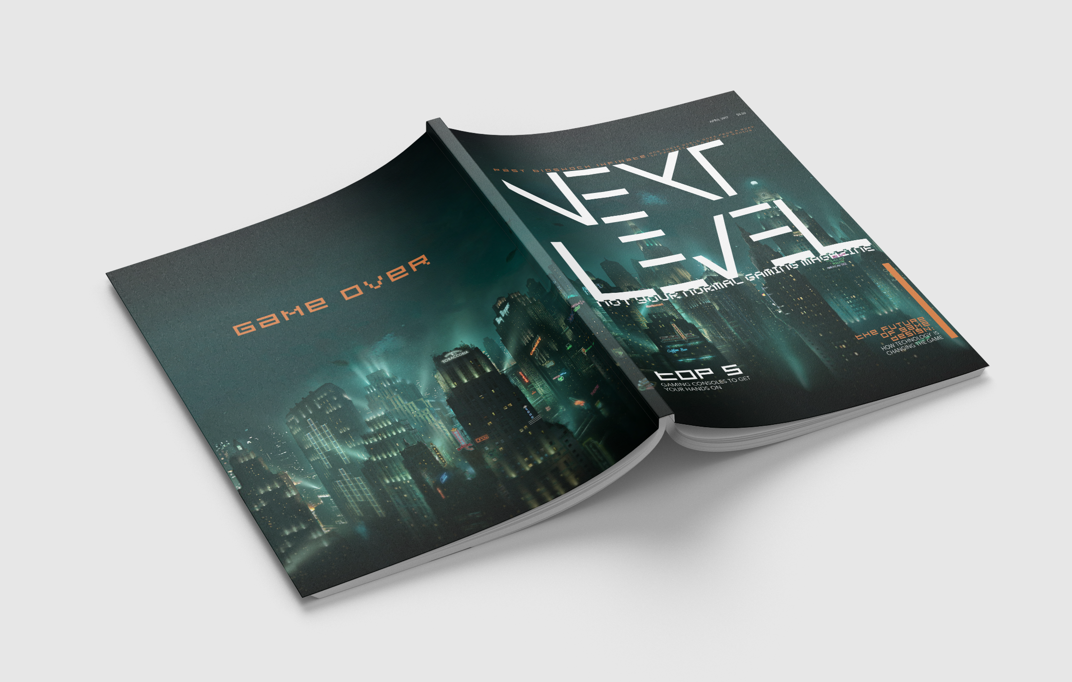 Open magazine with futuristic cityscape on the cover, featuring tall buildings and neon lights.