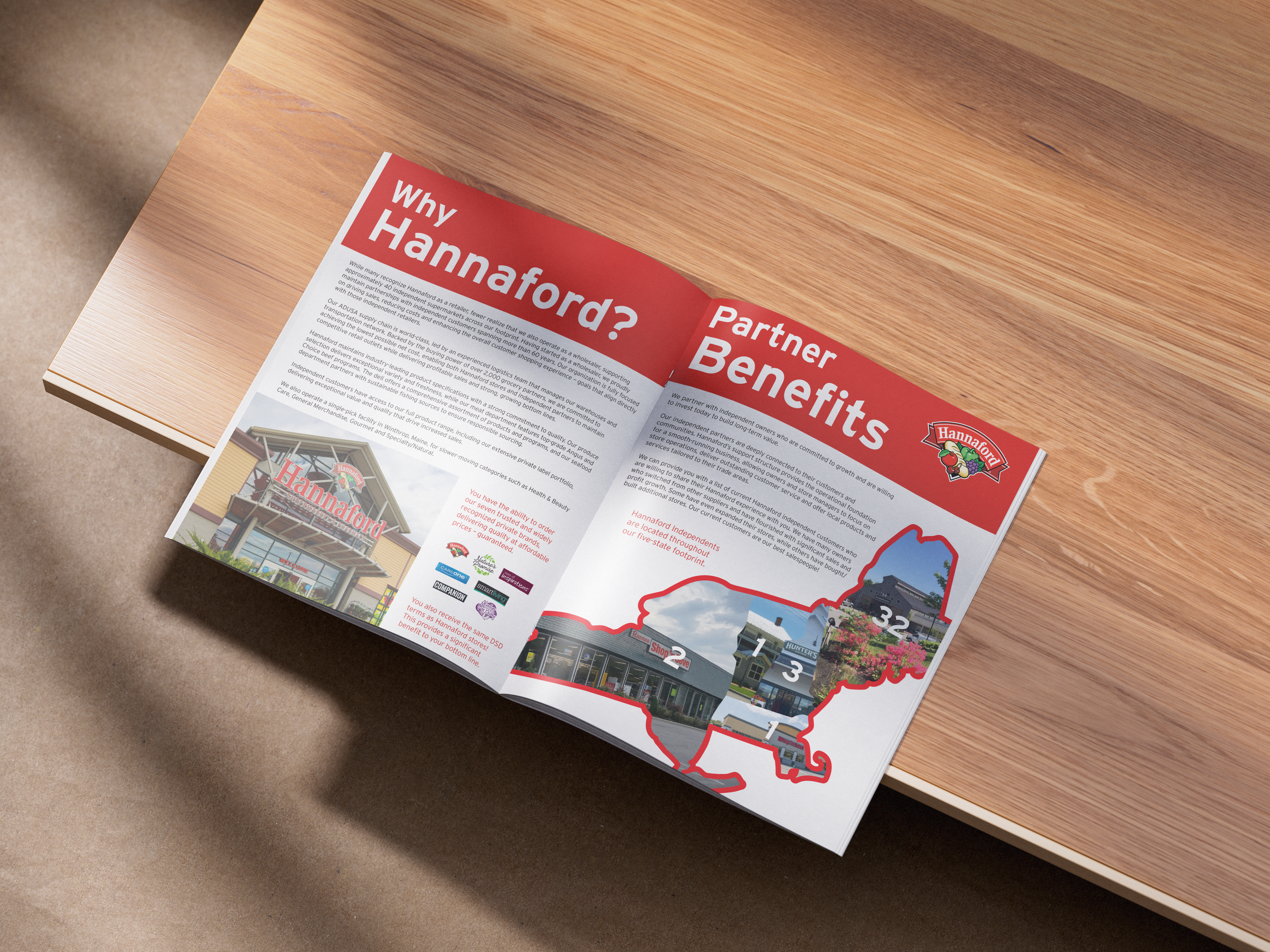 A magazine or brochure on a wooden table displaying an article titled "Why Hannaford?" with images of a grocery store and a map outline of Maine.
