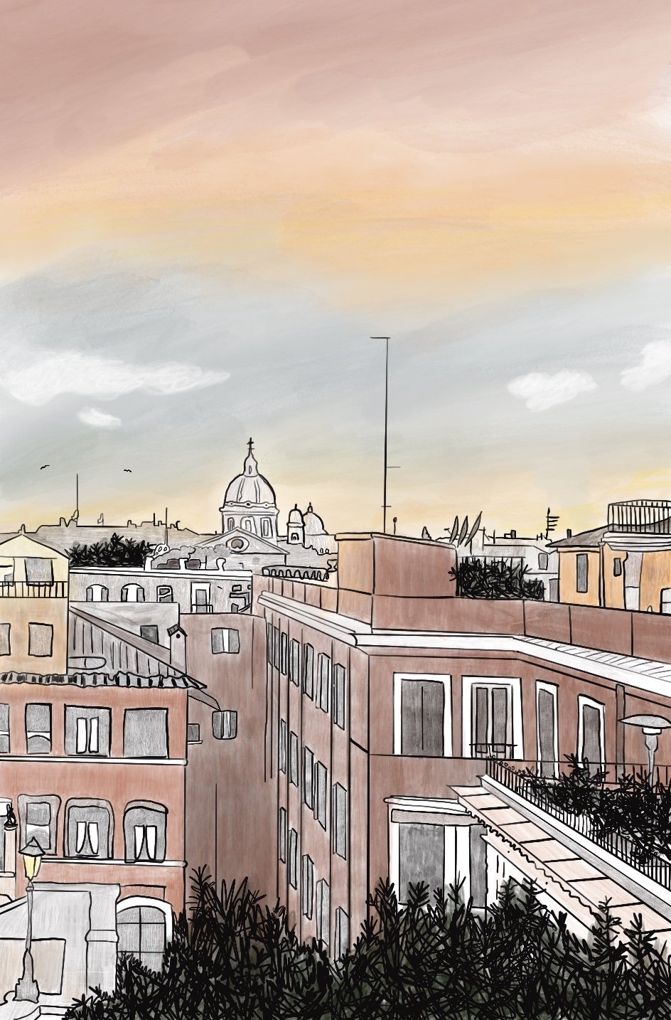 Illustration of a cityscape at sunset featuring buildings with rooftops, balconies, and a church with a large dome in the background, under a pastel-colored sky with clouds.