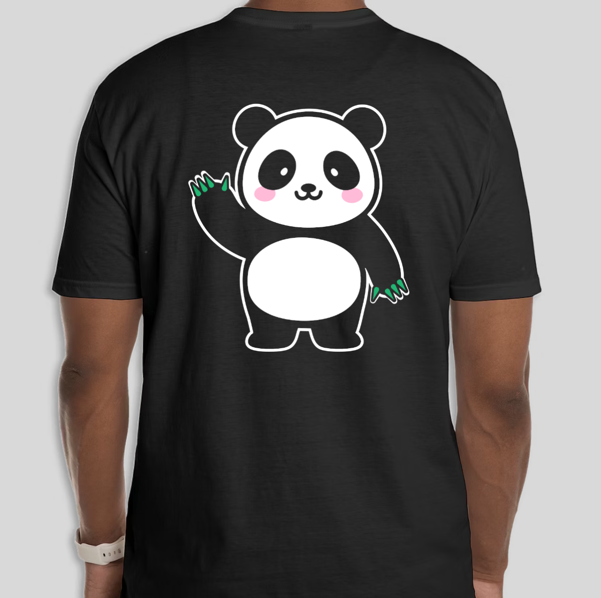 Black t-shirt with a cartoon panda bear waving, pink cheeks, and green claws.