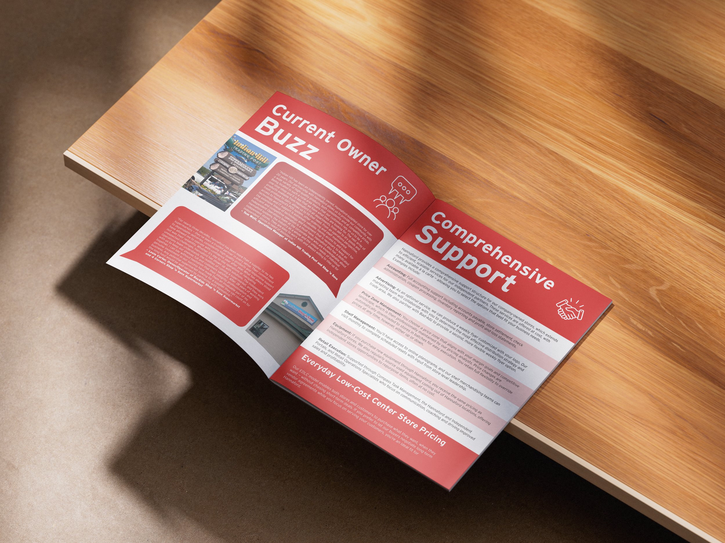 A glossy brochure titled 'Current Owner Buzz' spread open on a wooden table, with articles about local businesses and community support.