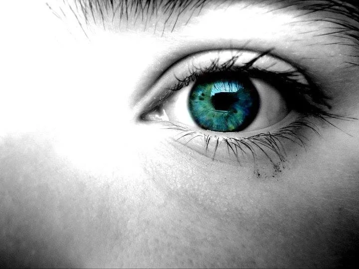 Close-up of a human eye with a vibrant blue and green iris, black pupil, and reflection of a window in the eye.