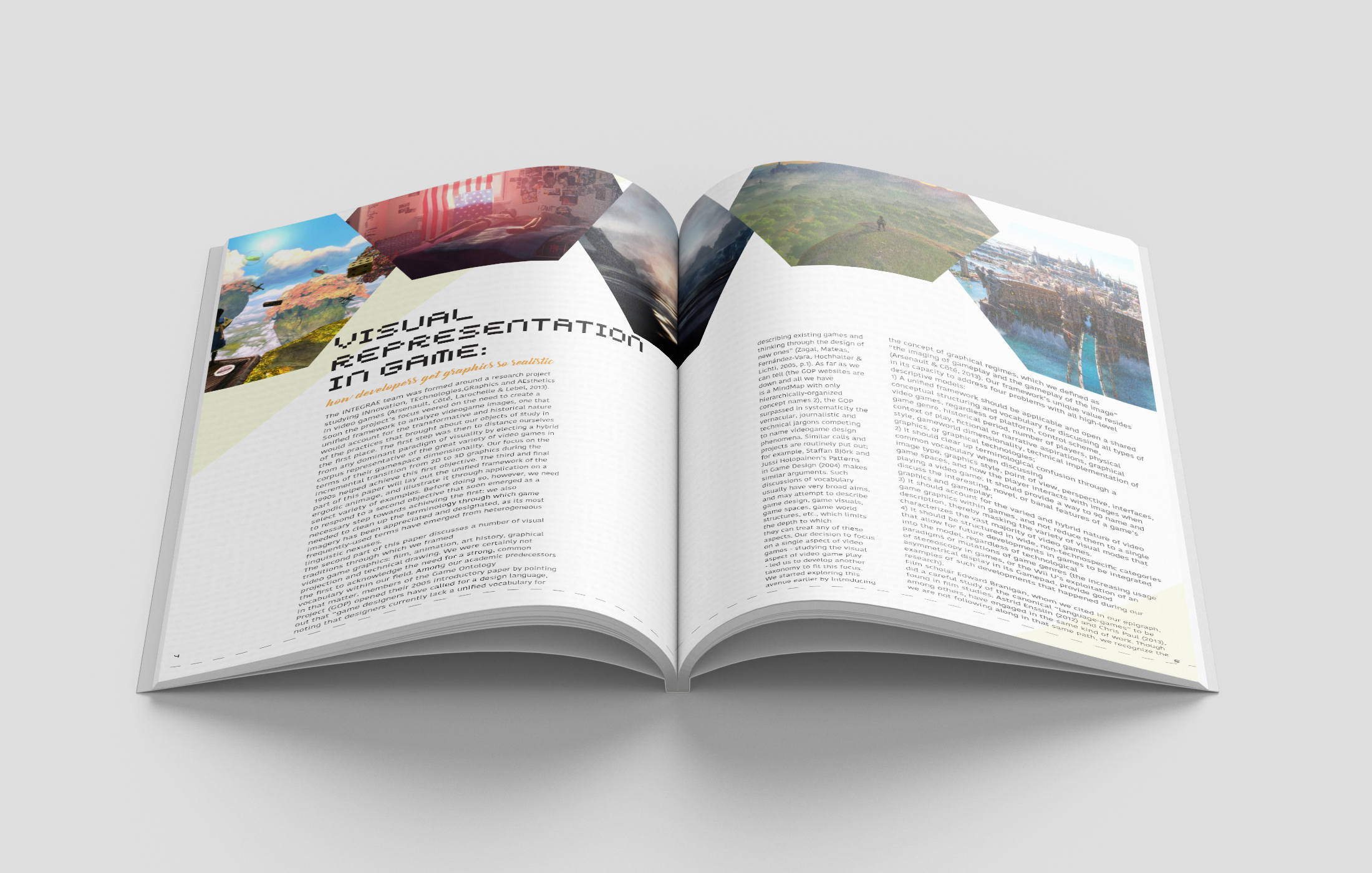 An open magazine displaying pages with text and images, including scenic landscape and cityscape photographs.