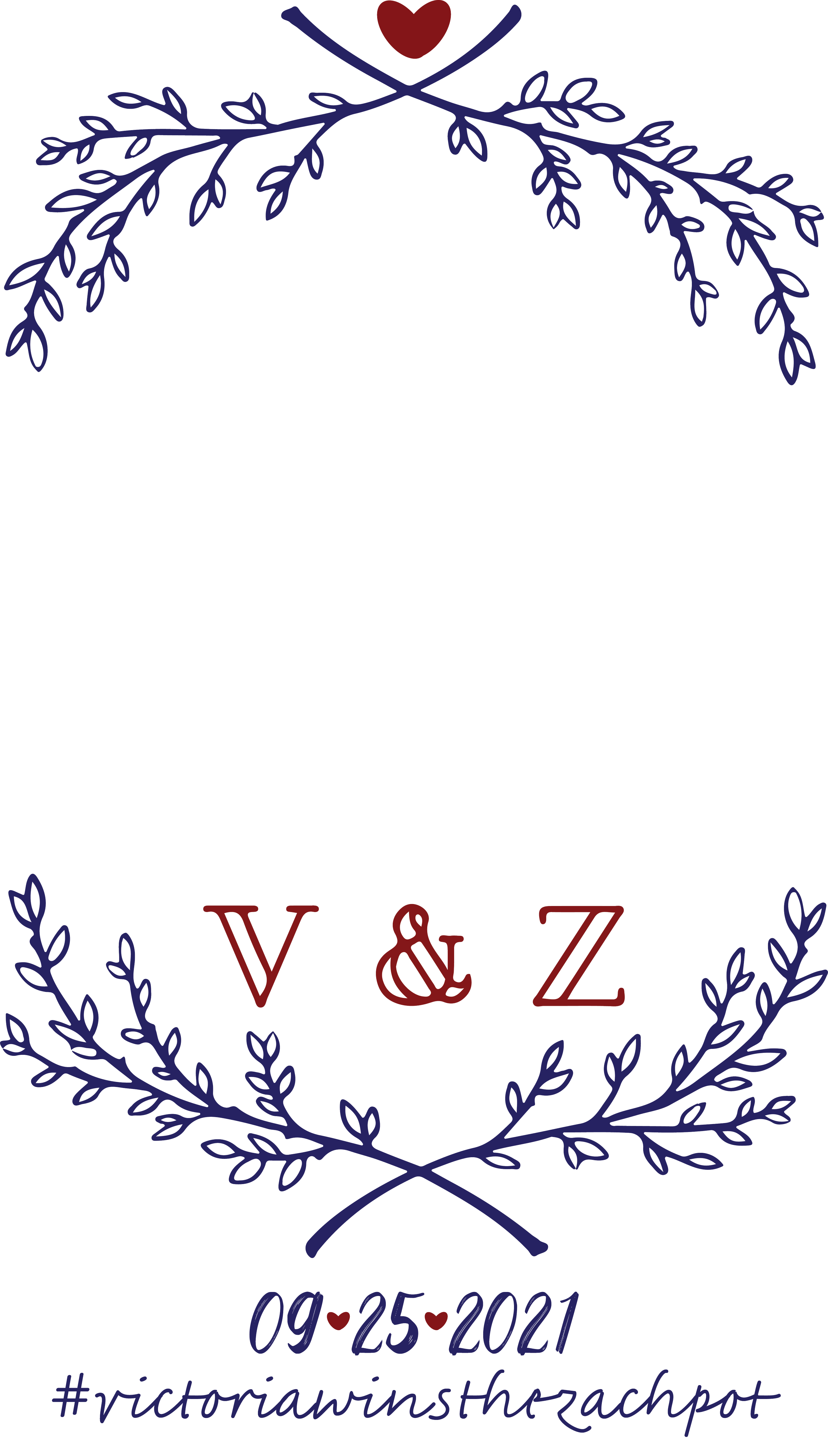 Wedding invitation design with a black background, maroon and white text, and floral decorative borders. The text includes the names Victoria & Zach, wedding date September 25, 2021, and the hashtag #victoriavinzthroatchpot. There is also a small hea