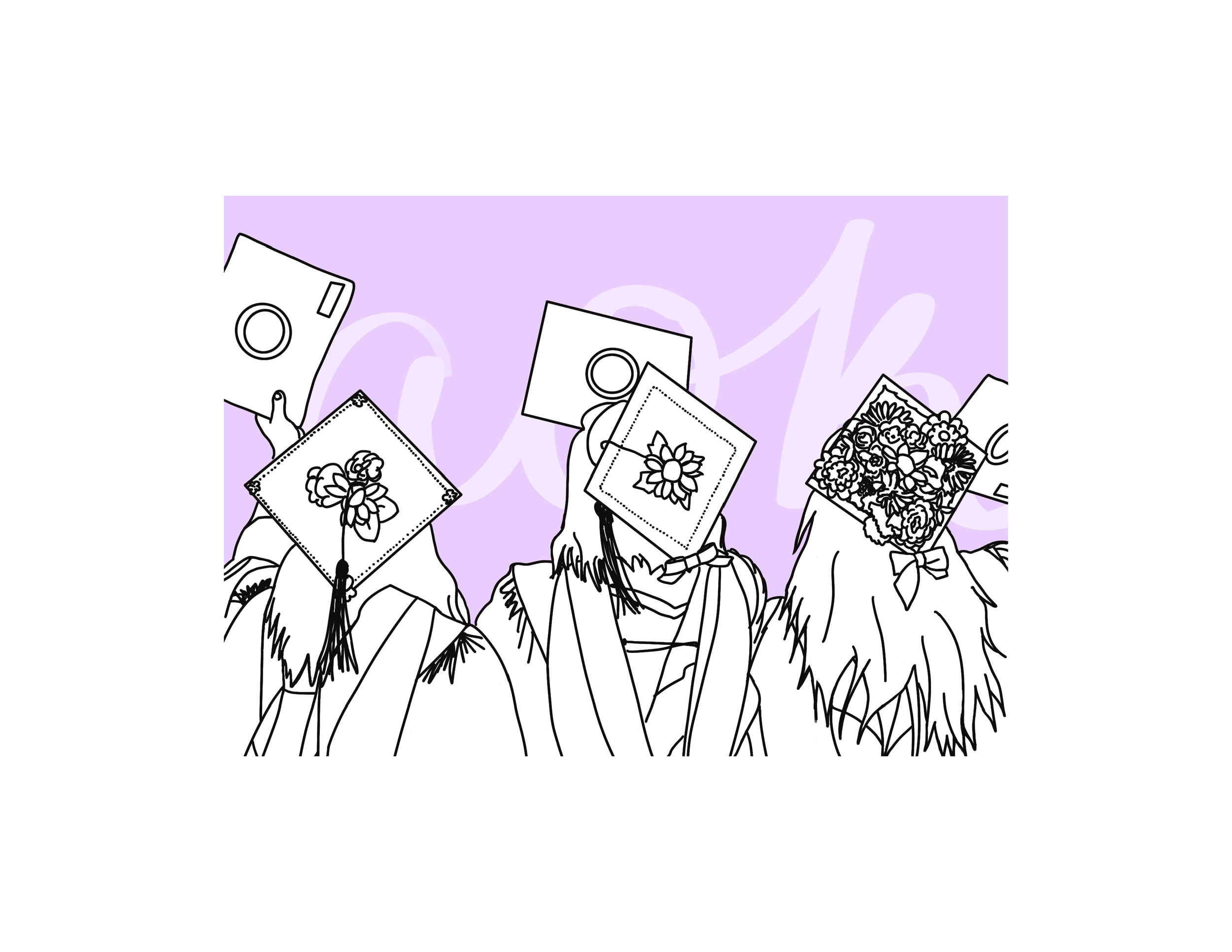 Black and white coloring page of children holding flowers and cards, standing in grass, with a purple background.
