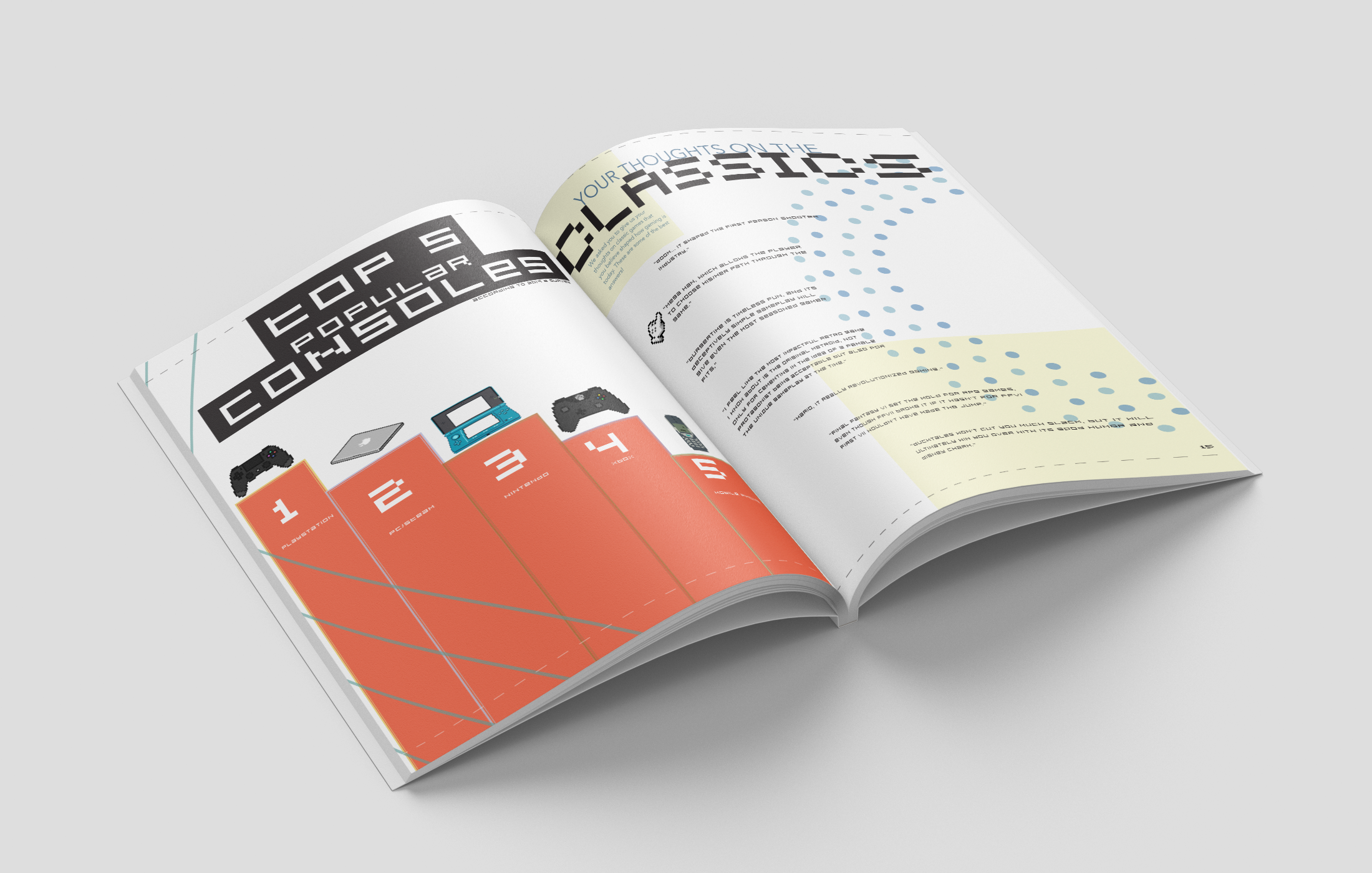 An open magazine featuring an article about gaming consoles with images of PlayStation, Xbox, Nintendo, and PC, and a colorful, infographic-style layout.